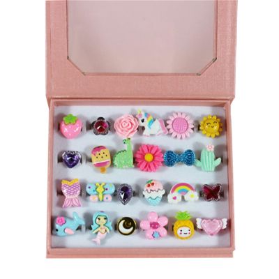 24pcs Kids Role Play Jewelry Rings Box Adjustable Rings Shimmering And Stylish Little Girl Jewelry Rings Crystal Flower