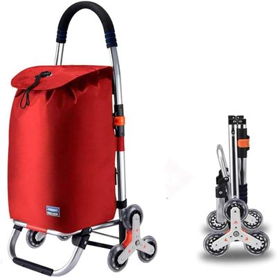 Folding Shopping Cart 2 in 1 Shopping Trolley Waterproof on 6 Wheels Stair Climber with Removable Bag, Labor Saving for Climbing Stairs-Red
