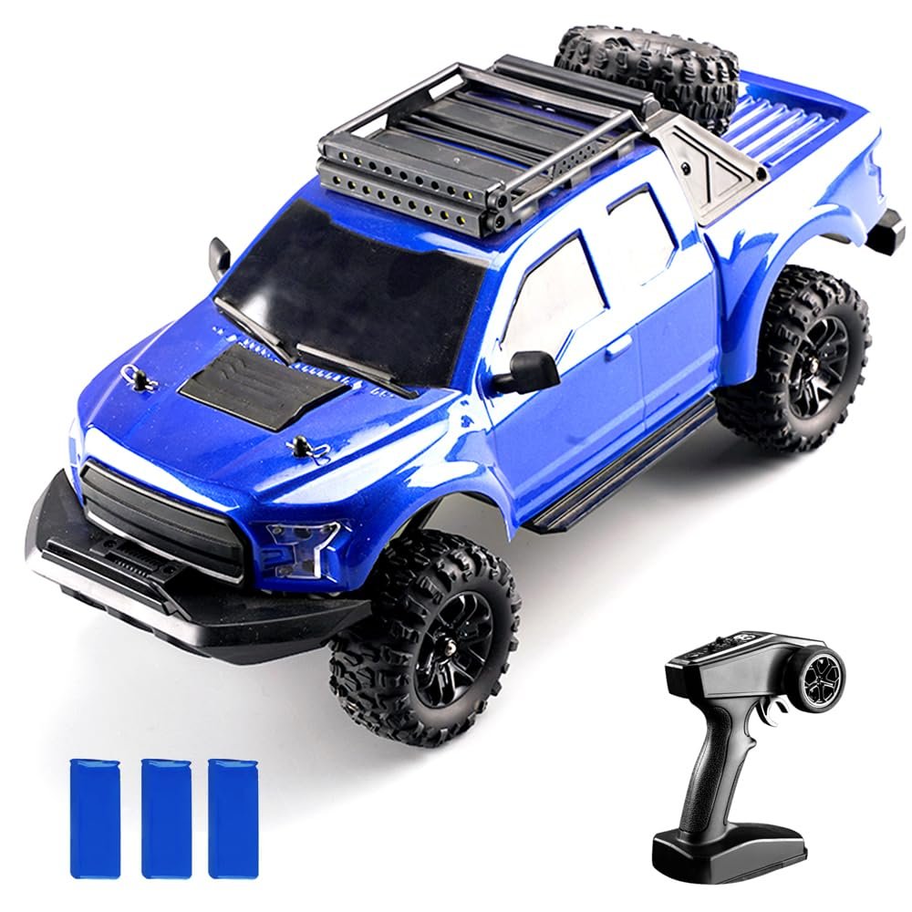 Dodoore RC Cars High Speed Remote Control Car for Adults, 1:16 Scales 4WD Off Road RC Monster Truck, 2.4GHz All Terrains RC Trucks with LED Lights and 3 Rechargeable Batteries (Blue)