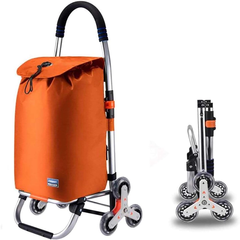Folding Shopping Cart 2 in 1 Shopping Trolley Waterproof on 6 Wheels Stair Climber with Removable Bag, Labor Saving for Climbing Stairs-Orange
