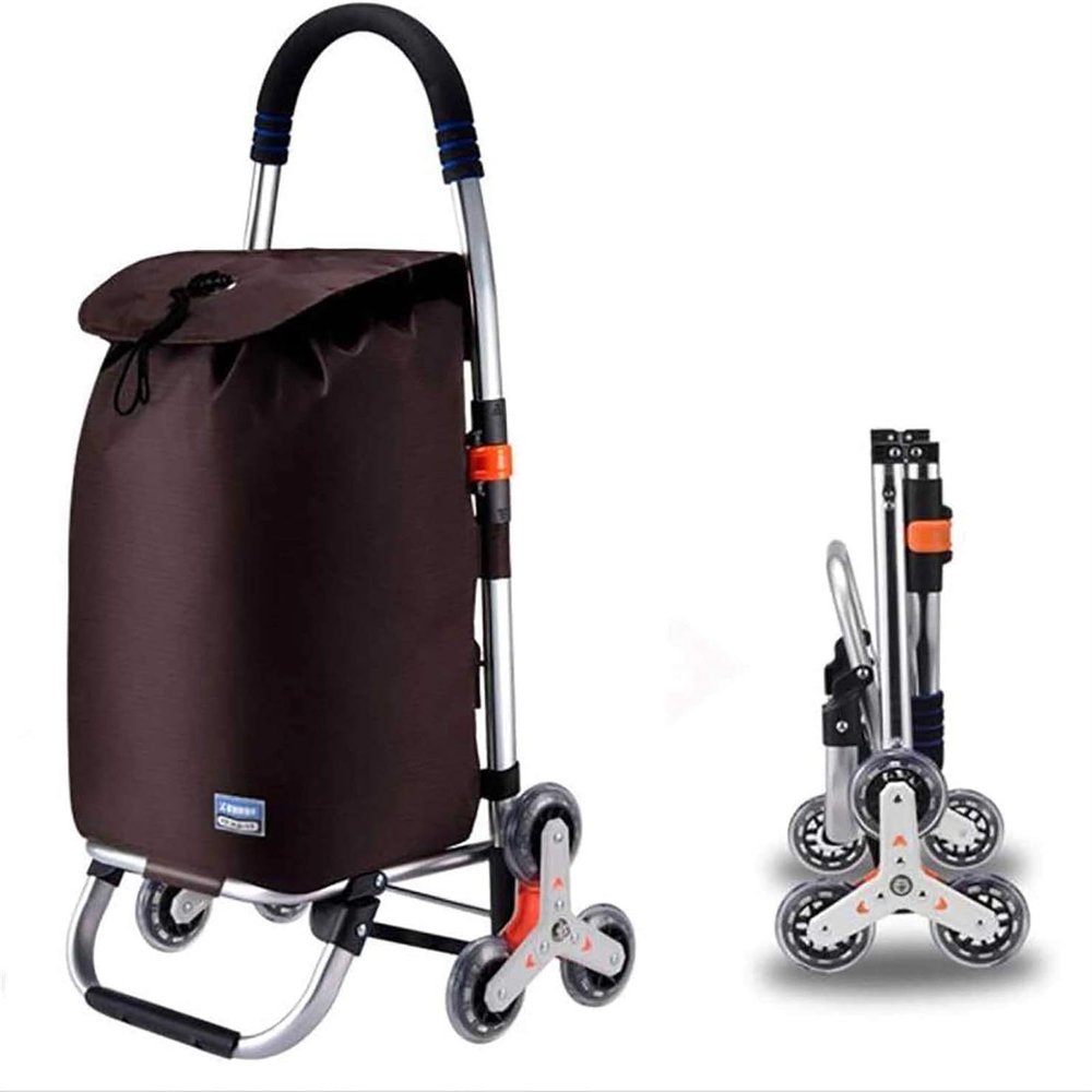 Folding Shopping Cart 2 in 1 Shopping Trolley Waterproof on 6 Wheels Stair Climber with Removable Bag, Labor Saving for Climbing Stairs-Coffee