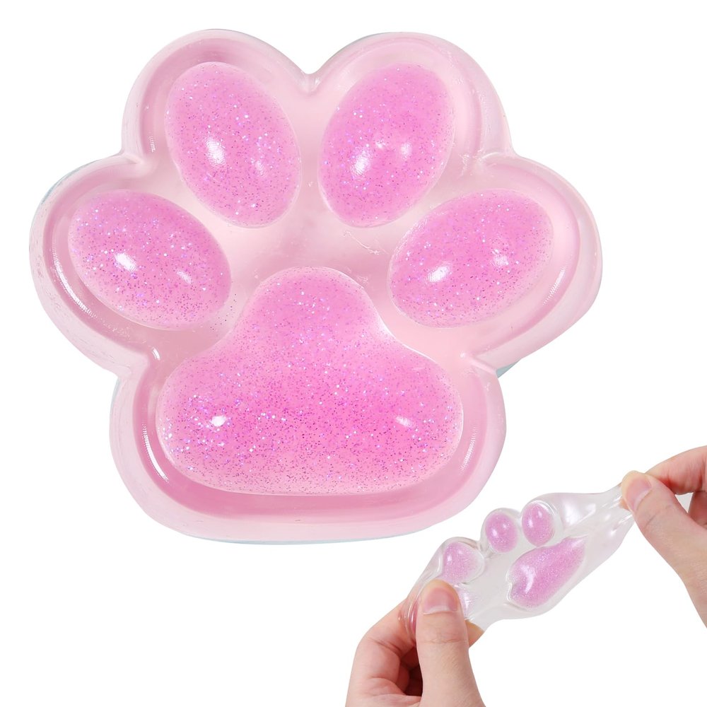 1pcs Pink Squishy Cat Paw Squeeze Toys, Ice Through Sparkling Powder Kawaii Sticky Squishies PVC Toys, Stress Relieving Fur Ball OPP Packaging Gifts for Kids Teenage (1pcs Pink)