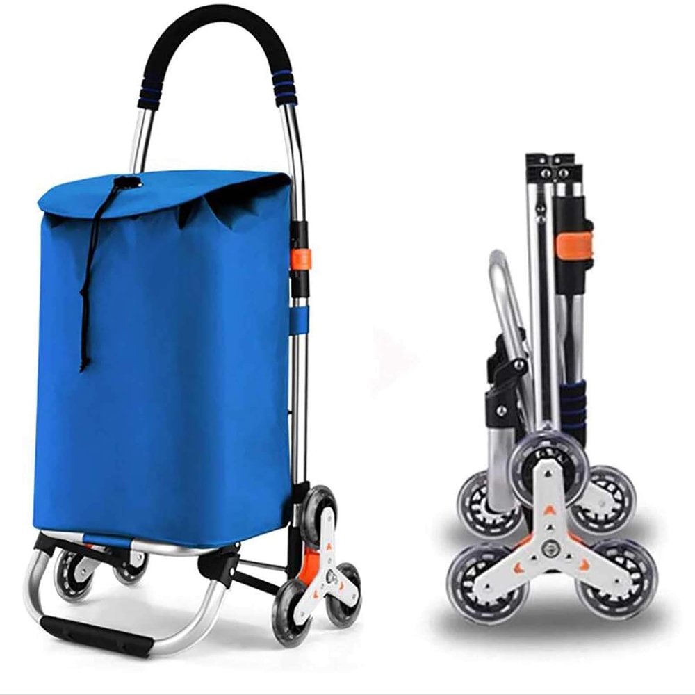 Folding Shopping Cart 2 in 1 Shopping Trolley Waterproof on 6 Wheels Stair Climber with Removable Bag, Labor Saving for Climbing Stairs-Blue