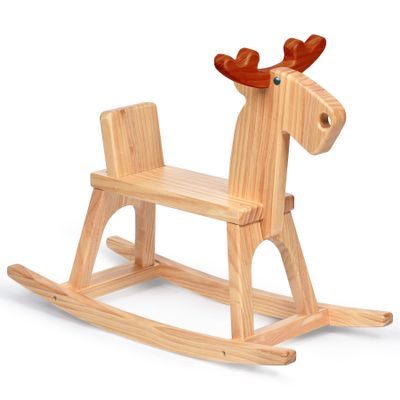 KRAND Kid Wooden Rocking Horse, Baby Ride On Toy Rocker for Toddler, Rocking Reindeer w/backrest Ideal Birthday Christmas/Birthday Gift for Boys & Girls (Natural)