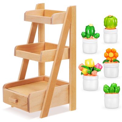 1 Set Miniature Plants Set with Stand: 4.32X2.28X2.16in Mini Plant Shelf Kit Mini Potted Flower Model Tiny Fake Greenery Ornament Dollhouse Furniture for Christmas