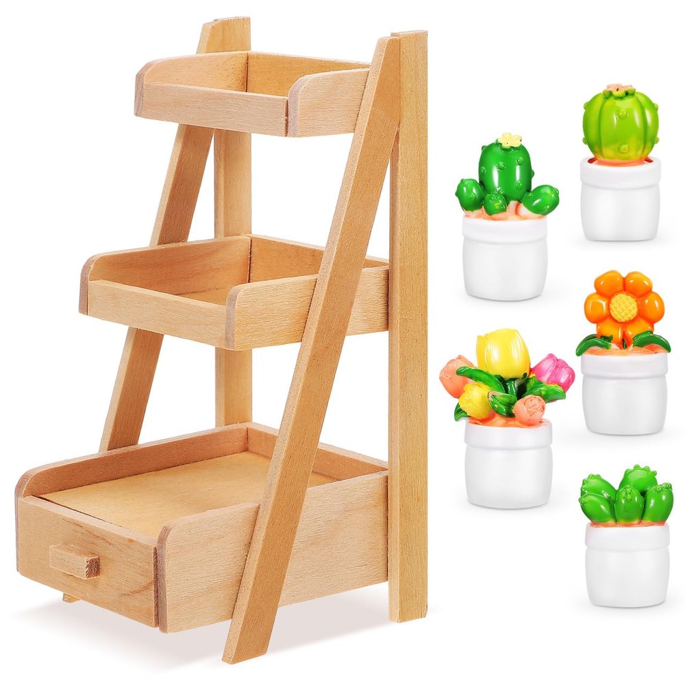 1 Set Miniature Plants Set with Stand: 4.32X2.28X2.16in Mini Plant Shelf Kit Mini Potted Flower Model Tiny Fake Greenery Ornament Dollhouse Furniture for Christmas