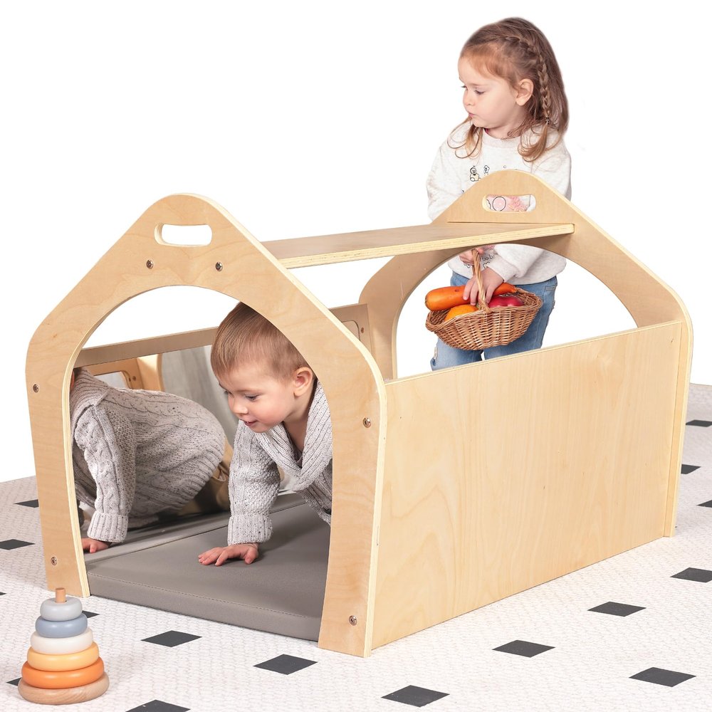 KRAND Wooden Playhouse for Toddlers w/Double Non-Shatter Safety Mirrors, Montessori Crawling Tunnel/Crawl-Through Play Set for Children and Kids, Daycare and Preschool Playroom(with Cushion)