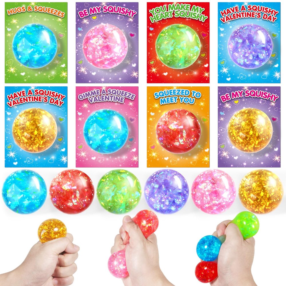 24 Pack Valentines Day Cards with Squeeze Balls, Valentine Cards for Kids, Stretch Fidget Toy for Classroom School Valentines Gifts Exchange, Valentines Party Favor Prizes for Boys Girls