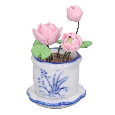 1:12 Scale Miniature Resin Potted Lotus Flower Pot Decor for Dollhouse, Small Decorative Lotus Plant Toy