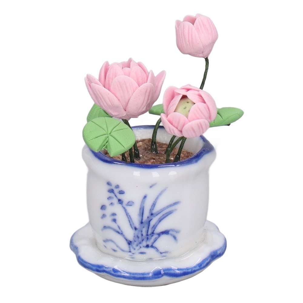1:12 Scale Miniature Resin Potted Lotus Flower Pot Decor for Dollhouse, Small Decorative Lotus Plant Toy