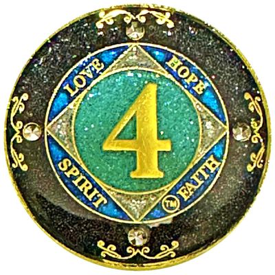 (1-50 Years) NA 4 Year Crystals and Glitter Medallion, Golden Color Plated Coin, Black Rainbow, Blue Glitter and Four Clear Crystals (NA 4 Year Crystals and Glitter, Gold Color Medallion)