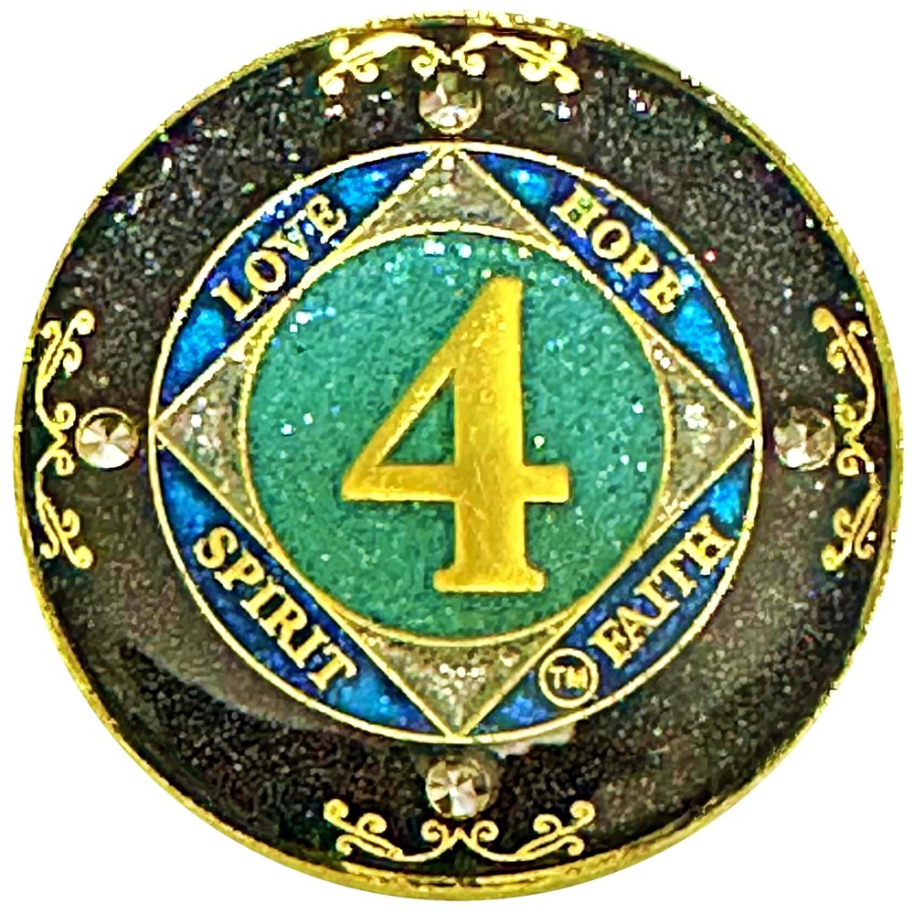 (1-50 Years) NA 4 Year Crystals and Glitter Medallion, Golden Color Plated Coin, Black Rainbow, Blue Glitter and Four Clear Crystals (NA 4 Year Crystals and Glitter, Gold Color Medallion)