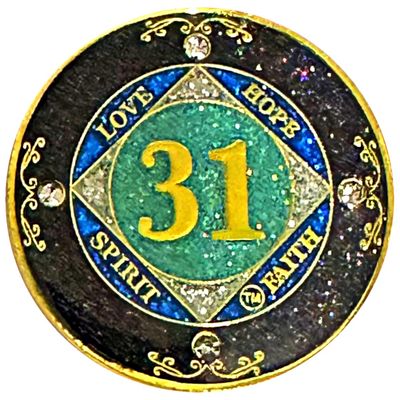 (1-50 Years) NA 31 Year Crystals and Glitter Medallion, Golden Color Plated Coin, Black Rainbow, Blue Glitter and Four Clear Crystals (NA 31 Year Crystals and Glitter, Gold Color Medallion)