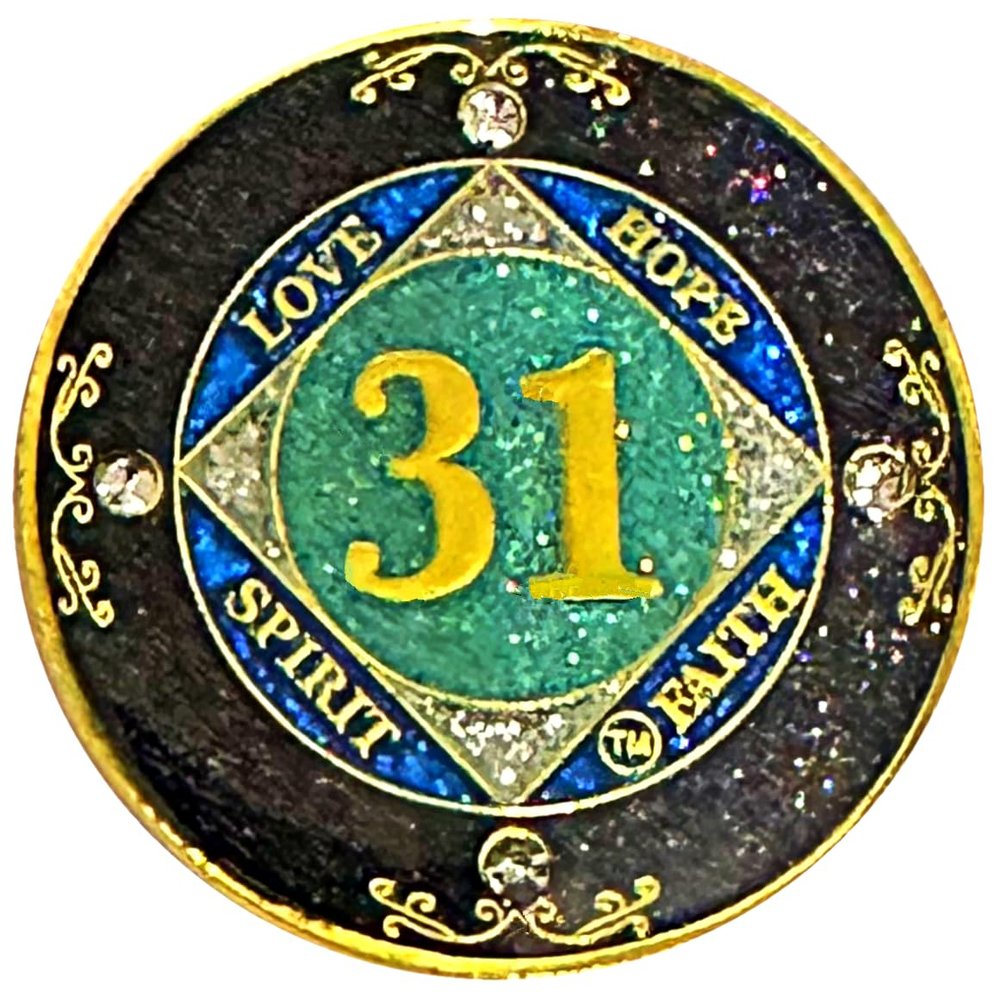 (1-50 Years) NA 31 Year Crystals and Glitter Medallion, Golden Color Plated Coin, Black Rainbow, Blue Glitter and Four Clear Crystals (NA 31 Year Crystals and Glitter, Gold Color Medallion)