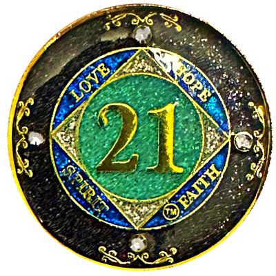(1-50 Years) NA 21 Year Crystals and Glitter Medallion, Golden Color Plated Coin, Black Rainbow, Blue Glitter and Four Clear Crystals (NA 21 Year Crystals and Glitter, Gold Color Medallion)