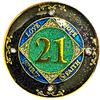 (1-50 Years) NA 21 Year Crystals and Glitter Medallion, Golden Color Plated Coin, Black Rainbow, Blue Glitter and Four Clear Crystals (NA 21 Year Crystals and Glitter, Gold Color Medallion) view 1