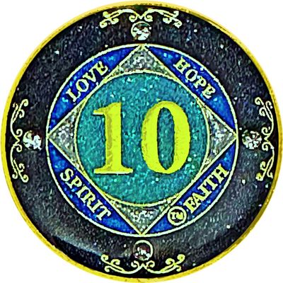 (1-50 Years) NA 10 Year Crystals and Glitter Medallion, Golden Color Plated Coin, Black Rainbow, Blue Glitter and Four Clear Crystals (NA 10 Year Crystals and Glitter, Gold Color Medallion)