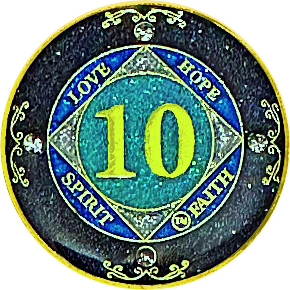 (1-50 Years) NA 10 Year Crystals and Glitter Medallion, Golden Color Plated Coin, Black Rainbow, Blue Glitter and Four Clear Crystals (NA 10 Year Crystals and Glitter, Gold Color Medallion)