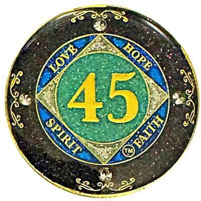 (1-50 Years) NA 45 Year Crystals and Glitter Medallion, Golden Color Plated Coin, Black Rainbow, Blue Glitter and Four Clear Crystals (NA 45 Year Crystals and Glitter, Gold Color Medallion)