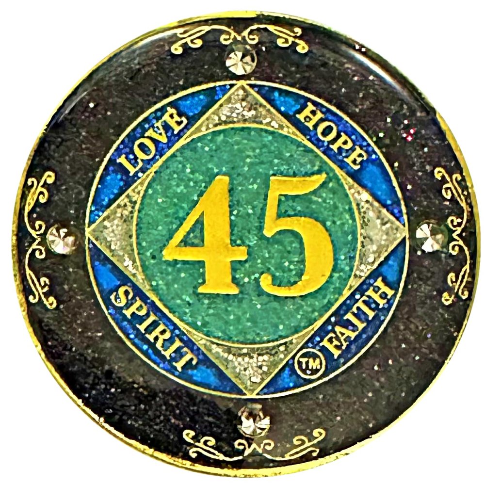 (1-50 Years) NA 45 Year Crystals and Glitter Medallion, Golden Color Plated Coin, Black Rainbow, Blue Glitter and Four Clear Crystals (NA 45 Year Crystals and Glitter, Gold Color Medallion)