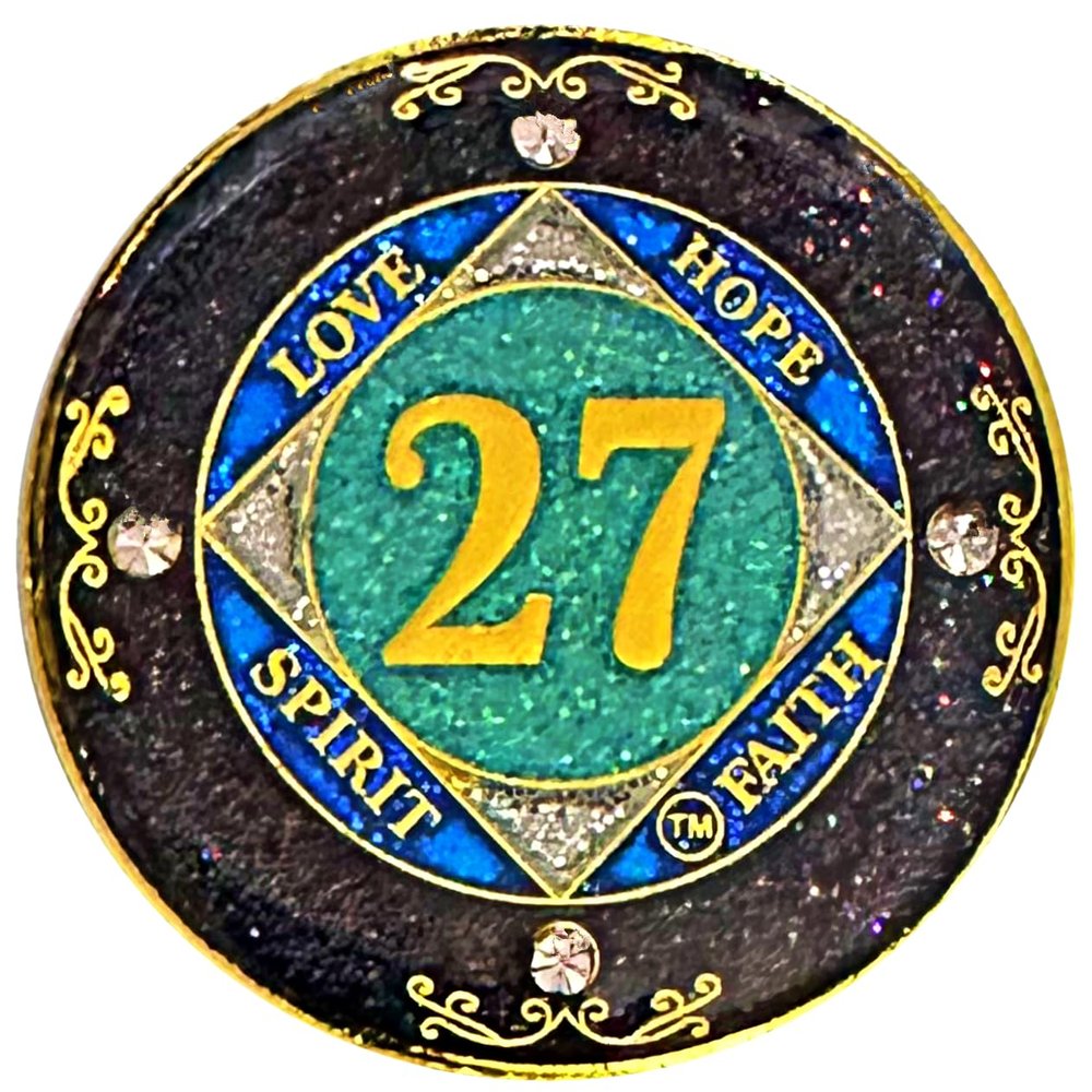 (1-50 Years) NA 27 Year Crystals and Glitter Medallion, Golden Color Plated Coin, Black Rainbow, Blue Glitter and Four Clear Crystals (NA 27 Year Crystals and Glitter, Gold Color Medallion)