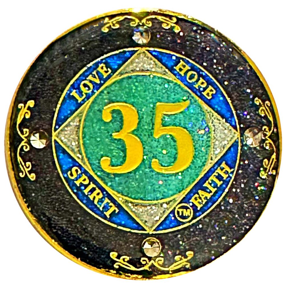 (1-50 Years) NA 35 Year Crystals and Glitter Medallion, Golden Color Plated Coin, Black Rainbow, Blue Glitter and Four Clear Crystals (NA 35 Year Crystals and Glitter, Gold Color Medallion)