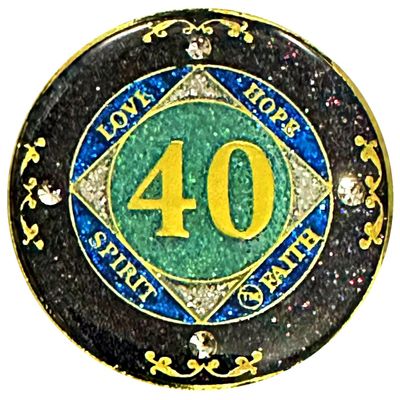 (1-50 Years) NA 40 Year Crystals and Glitter Medallion, Golden Color Plated Coin, Black Rainbow, Blue Glitter and Four Clear Crystals (NA 40 Year Crystals and Glitter, Gold Color Medallion)