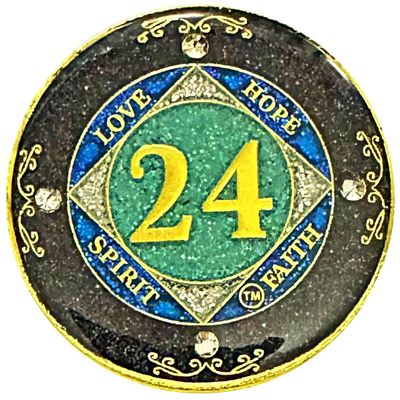 (1-50 Years) NA 24 Year Crystals and Glitter Medallion, Golden Color Plated Coin, Black Rainbow, Blue Glitter and Four Clear Crystals (NA 24 Year Crystals and Glitter, Gold Color Medallion)