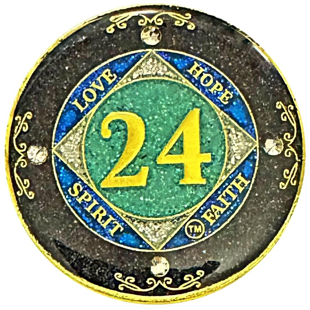 (1-50 Years) NA 24 Year Crystals and Glitter Medallion, Golden Color Plated Coin, Black Rainbow, Blue Glitter and Four Clear Crystals (NA 24 Year Crystals and Glitter, Gold Color Medallion)