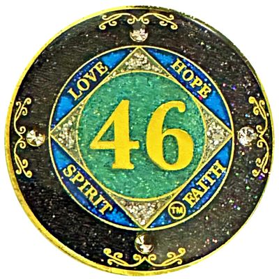 (1-50 Years) NA 46 Year Crystals and Glitter Medallion, Golden Color Plated Coin, Black Rainbow, Blue Glitter and Four Clear Crystals (NA 46 Year Crystals and Glitter, Gold Color Medallion)