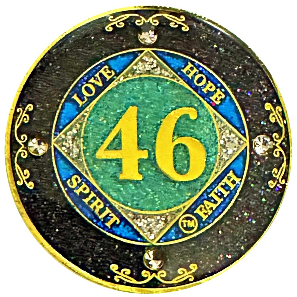 (1-50 Years) NA 46 Year Crystals and Glitter Medallion, Golden Color Plated Coin, Black Rainbow, Blue Glitter and Four Clear Crystals (NA 46 Year Crystals and Glitter, Gold Color Medallion)