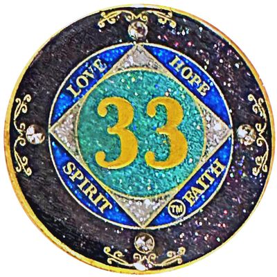 (1-50 Years) NA 33 Year Crystals and Glitter Medallion, Golden Color Plated Coin, Black Rainbow, Blue Glitter and Four Clear Crystals (NA 33 Year Crystals and Glitter, Gold Color Medallion)