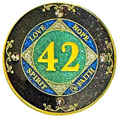 (1-50 Years) NA 42 Year Crystals and Glitter Medallion, Golden Color Plated Coin, Black Rainbow, Blue Glitter and Four Clear Crystals (NA 42 Year Crystals and Glitter, Gold Color Medallion)