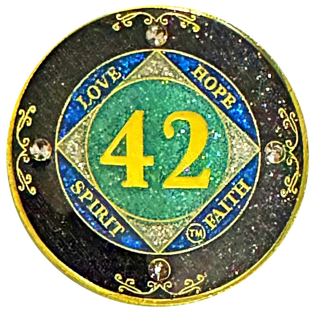 (1-50 Years) NA 42 Year Crystals and Glitter Medallion, Golden Color Plated Coin, Black Rainbow, Blue Glitter and Four Clear Crystals (NA 42 Year Crystals and Glitter, Gold Color Medallion)