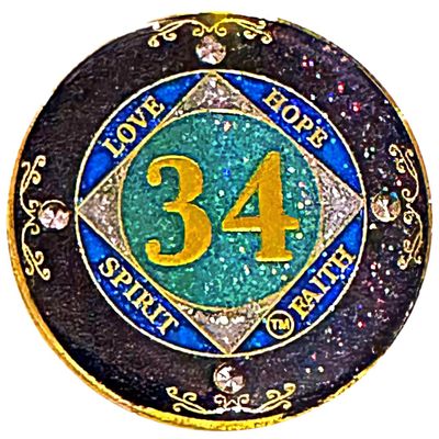 (1-50 Years) NA 34 Year Crystals and Glitter Medallion, Golden Color Plated Coin, Black Rainbow, Blue Glitter and Four Clear Crystals (NA 34 Year Crystals and Glitter, Gold Color Medallion)