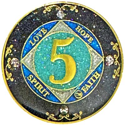 (1-50 Years) NA 5 Year Crystals and Glitter Medallion, Golden Color Plated Coin, Black Rainbow, Blue Glitter and Four Clear Crystals (NA 5 Year Crystals and Glitter, Gold Color Medallion)