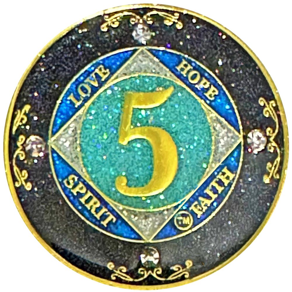 (1-50 Years) NA 5 Year Crystals and Glitter Medallion, Golden Color Plated Coin, Black Rainbow, Blue Glitter and Four Clear Crystals (NA 5 Year Crystals and Glitter, Gold Color Medallion)