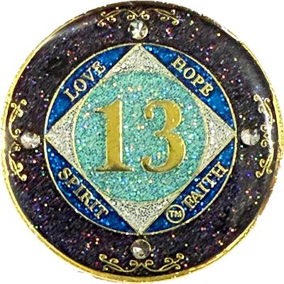 (1-50 Years) NA 13 Year Crystals and Glitter Medallion, Golden Color Plated Coin, Black Rainbow, Blue Glitter and Four Clear Crystals (NA 13 Year Crystals and Glitter, Gold Color Medallion)