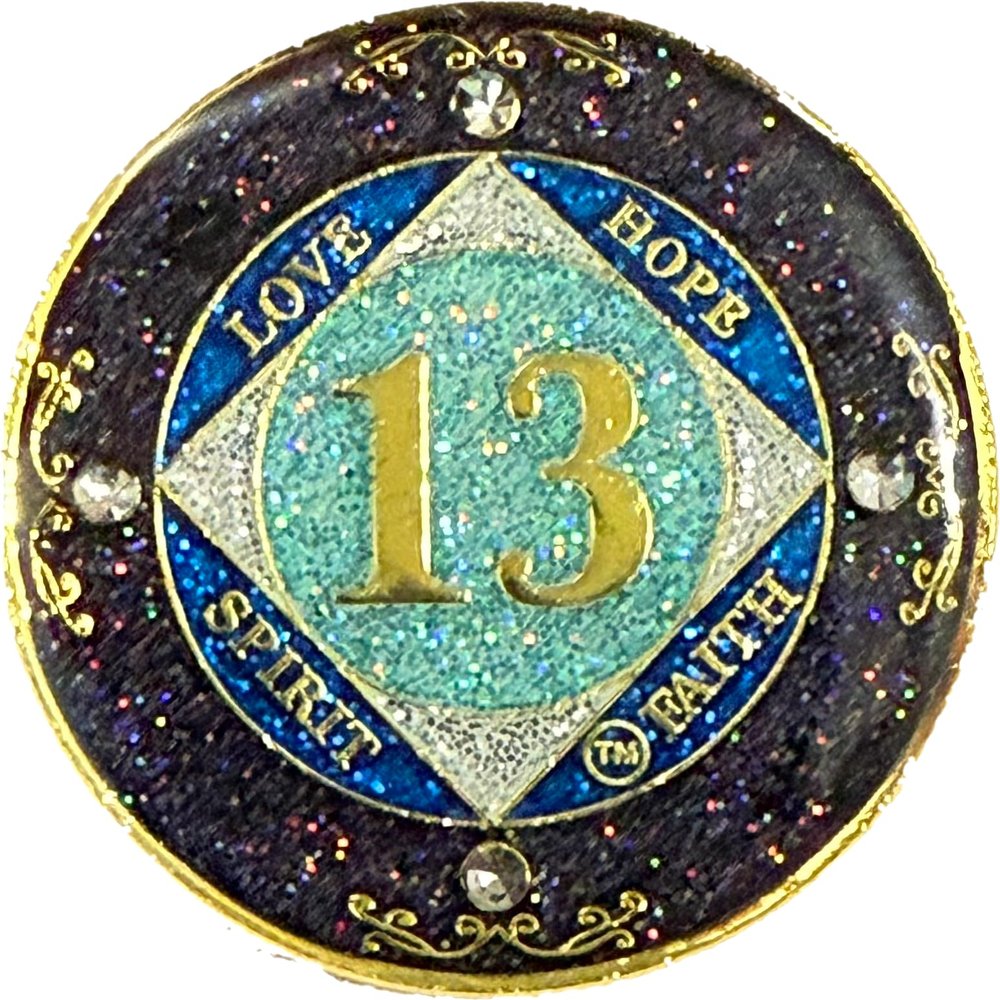 (1-50 Years) NA 13 Year Crystals and Glitter Medallion, Golden Color Plated Coin, Black Rainbow, Blue Glitter and Four Clear Crystals (NA 13 Year Crystals and Glitter, Gold Color Medallion)