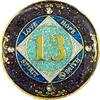 (1-50 Years) NA 13 Year Crystals and Glitter Medallion, Golden Color Plated Coin, Black Rainbow, Blue Glitter and Four Clear Crystals (NA 13 Year Crystals and Glitter, Gold Color Medallion) view 1