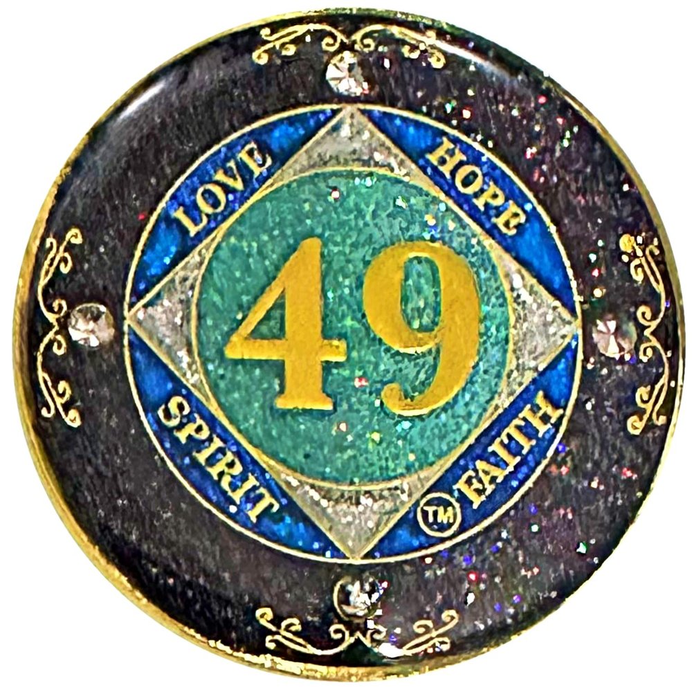 (1-50 Years) NA 49 Year Crystals and Glitter Medallion, Golden Color Plated Coin, Black Rainbow, Blue Glitter and Four Clear Crystals (NA 49 Year Crystals and Glitter, Gold Color Medallion)