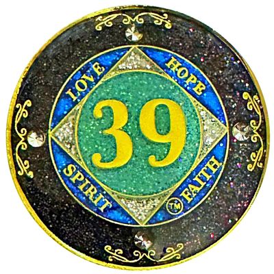 (1-50 Years) NA 39 Year Crystals and Glitter Medallion, Golden Color Plated Coin, Black Rainbow, Blue Glitter and Four Clear Crystals (NA 39 Year Crystals and Glitter, Gold Color Medallion)