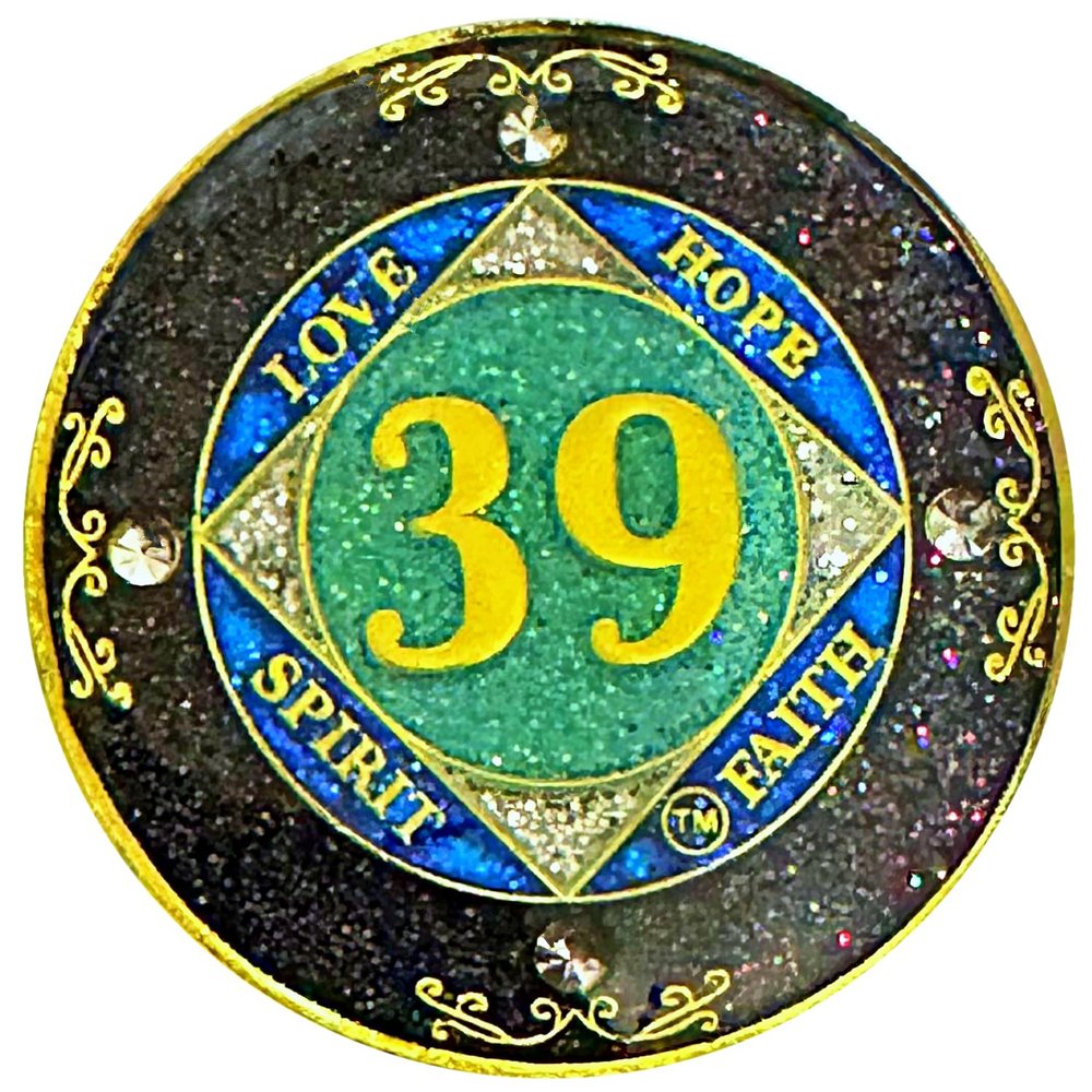(1-50 Years) NA 39 Year Crystals and Glitter Medallion, Golden Color Plated Coin, Black Rainbow, Blue Glitter and Four Clear Crystals (NA 39 Year Crystals and Glitter, Gold Color Medallion)