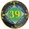 (1-50 Years) NA 39 Year Crystals and Glitter Medallion, Golden Color Plated Coin, Black Rainbow, Blue Glitter and Four Clear Crystals (NA 39 Year Crystals and Glitter, Gold Color Medallion) view 1