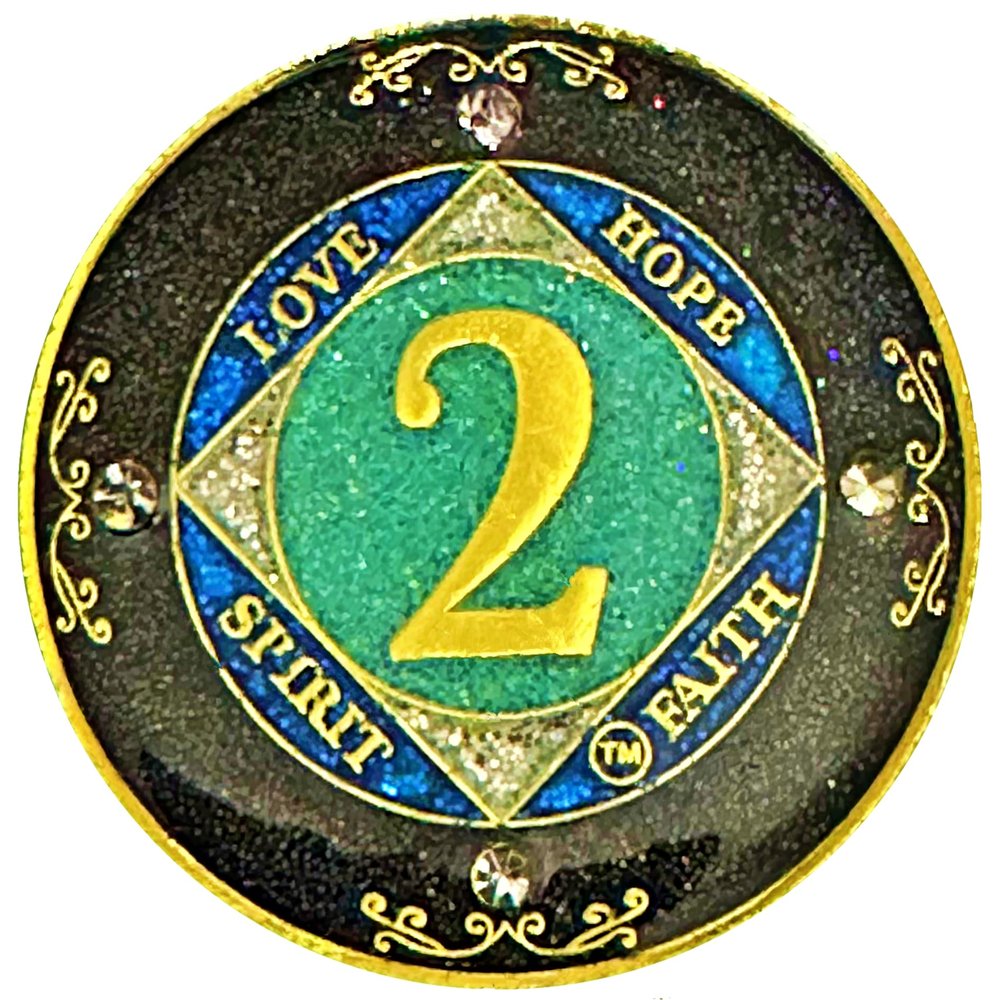 (1-50 Years) NA 2 Year Crystals and Glitter Medallion, Golden Color Plated Coin, Black Rainbow, Blue Glitter and Four Clear Crystals (NA 2 Year Crystals and Glitter, Gold Color Medallion)