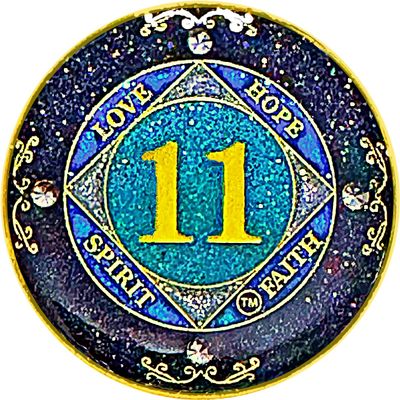 (1-50 Years) NA 11 Year Crystals and Glitter Medallion, Golden Color Plated Coin, Black Rainbow, Blue Glitter and Four Clear Crystals (NA 11 Year Crystals and Glitter, Gold Color Medallion)