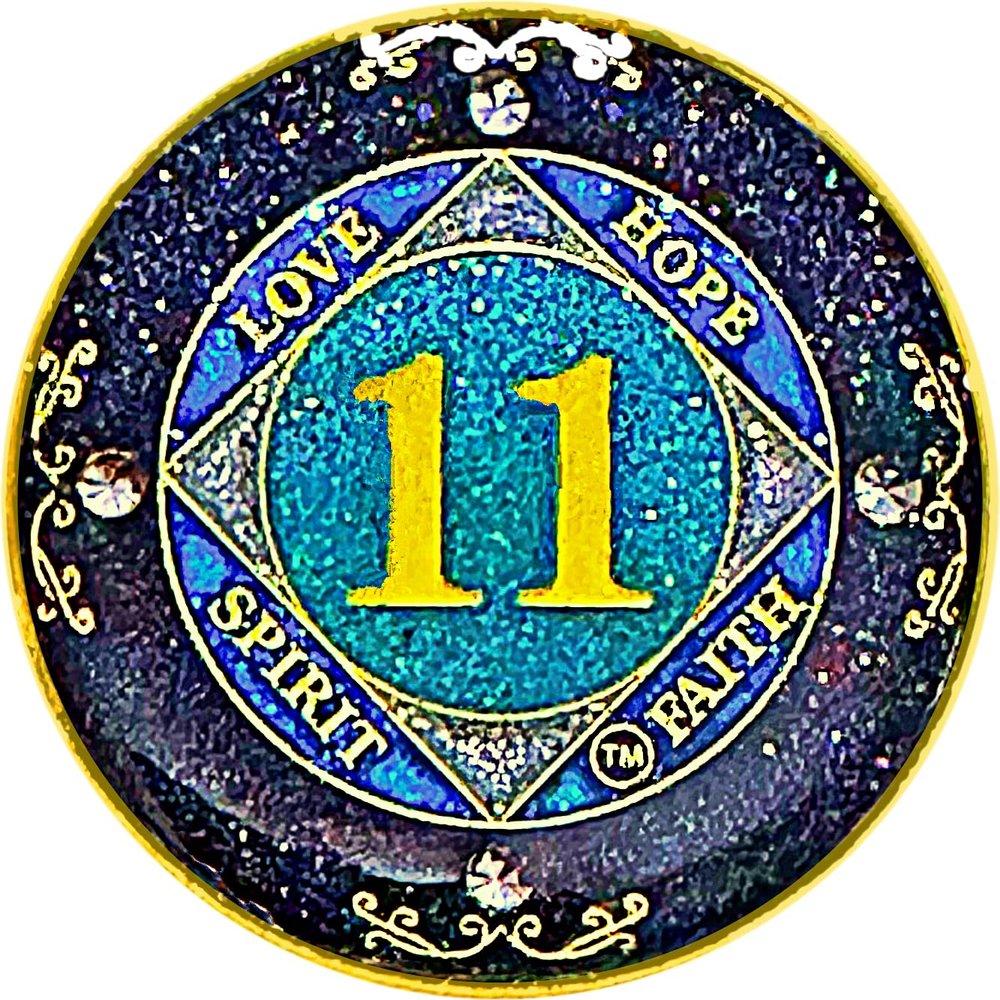 (1-50 Years) NA 11 Year Crystals and Glitter Medallion, Golden Color Plated Coin, Black Rainbow, Blue Glitter and Four Clear Crystals (NA 11 Year Crystals and Glitter, Gold Color Medallion)