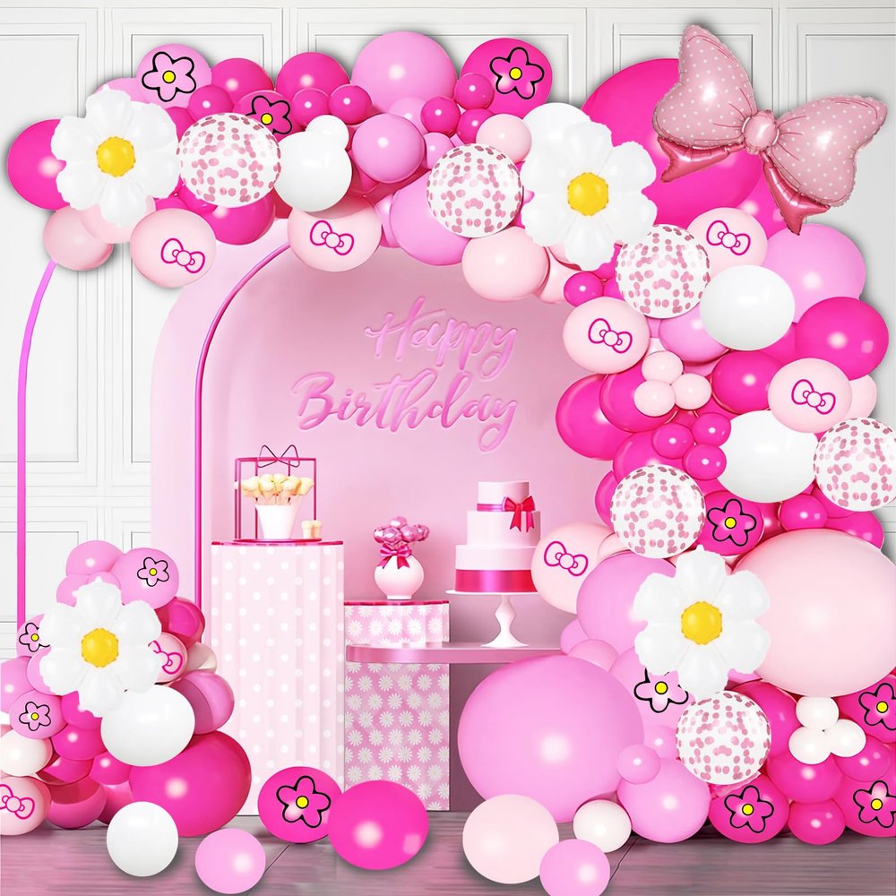 126 Pcs Pink balloon garland Arch Kit, Hot Pink Rose Red Balloons for Cartoon Cat Themed Birthday Party Decorations Girls Kids Gatherings Party Supplies