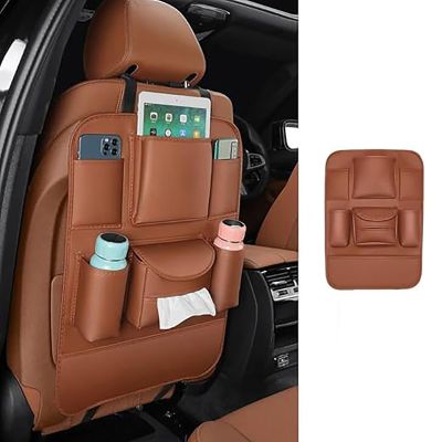 KFCIAVNG Car Back Seat Organizer for Ford F-150, Leather Backseat Organizer Seat Attachable Storage Organizers with Pockets Anti Kick Mats Protector for Kids Travel Accessories, B/Brown-1PC