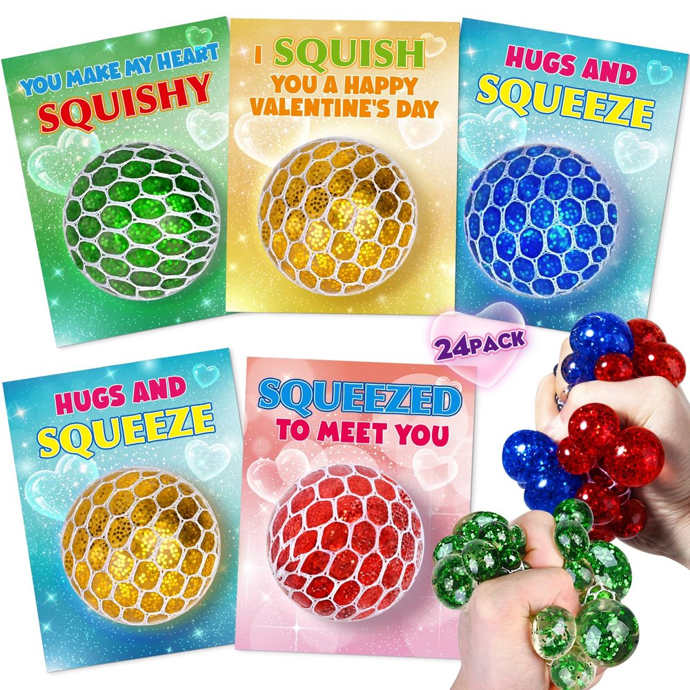 24 Pack Valentine's Day Cards with Squeeze Balls, Valentines Cards for Kids School, Stretch Fidget Toy for Classroom School Valentine's Gifts Exchange, Valentines Party Favor Prizes for Boys Girls